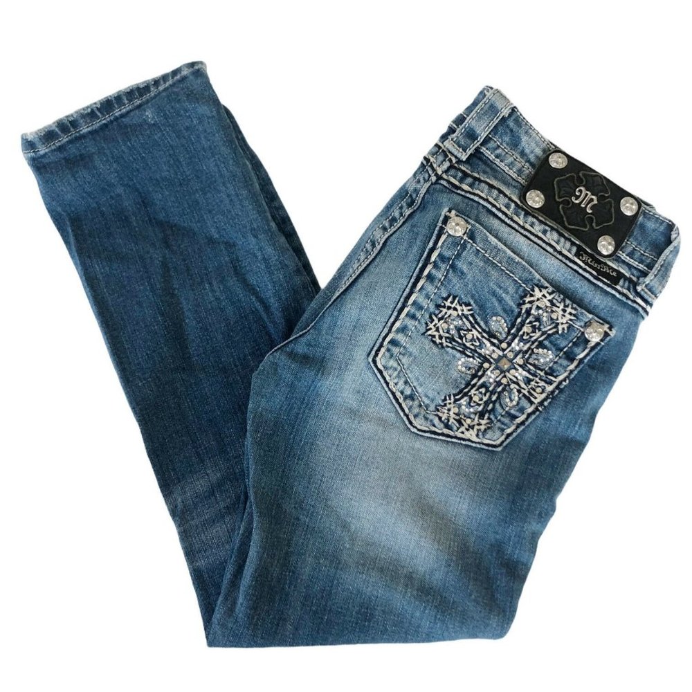 MISS ME Cropped Distressed Bling Crop Jeans Cross